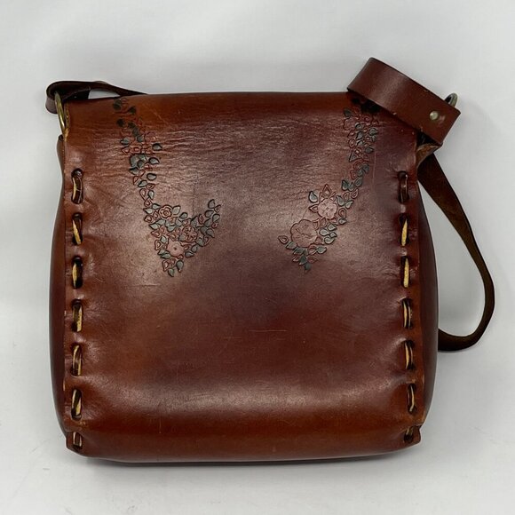 Vintage handmade leather shoulder bag stitching floral 1970s tooling - Picture 6 of 16
